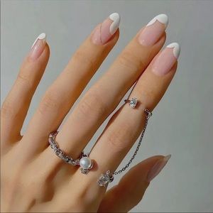 Adjustable Cz + Faux Pearl Chain Double Ring